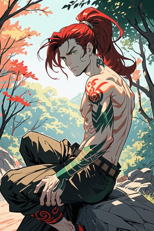 potrait a man riding sitting on a rock, topless, tatoos in body, light red skin, green eyes, pre historis background, 35 year age, sunny days, lot trees on background, lot animal in background, ponytail hair, serious expression