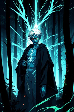portrait of a pale-skinned undead, he standing in haunted forest, dead tree, medium light, highly detailed, 8k, flat expression, glowing green eyes, wear a black robe, baldr,blend, torso shot, bokeh, lots of lightning in the sky