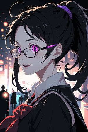 A portrait of girl wearing school uniform, black hair colour, ponytail hair, 17 year age, wearing glasses, bright lighting, ground fork, low light, highly detailed 8k, happy expression, glowing purple eyes, midjourney, school backround, lot student on background, High detailed 