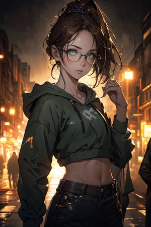 A potrait girl with hoodie, 25 years old of age,  he is standing in the middle of futuristic city,  high light,  highly detailed,  8k,  flat face expression,  green eyes,  brown hair , blend,  torso shot,  bokeh,  (hdr:1.4),  high contrast,  ryanBS_soul3142,  light_brown_hair, good anatomy, high detailed, ponytail hair, wearing glasses