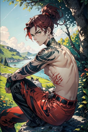 potrait a man sitting on a rock, topless, tatoos in body, light red skin, green eyes, pre historis background, 35 year age, sunny days, lot trees on background, lot animal in background, ponytail hair, serious expression