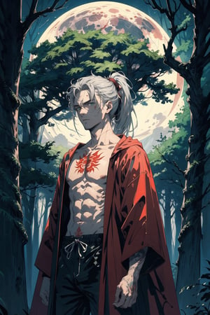 potrait a man standing on a forest, topless, tatoos in body, light red skin, green eyes, haunted forest background, 35 year age, lot trees on background, lot animal in background, ponytail hair, serious expression, midnight, fullmoon blood, lot lightning in sky, silver hair