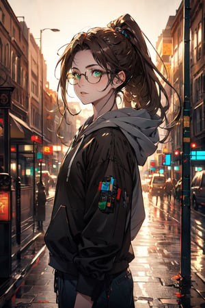 A potrait girl with hoodie, 25 years old of age,  he is standing in the middle of futuristic city,  high light,  highly detailed,  8k,  flat face expression,  green eyes,  brown hair , blend,  torso shot,  bokeh,  (hdr:1.4),  high contrast,  ryanBS_soul3142,  light_brown_hair, good anatomy, high detailed, ponytail hair, wearing glasses