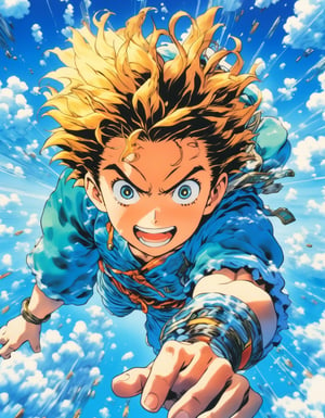 Anime artwork. Close-up. 1boy floating between blue sky, art by Hirohiko Araki, anime style, key visual, vibrant, studio anime, highly detailed