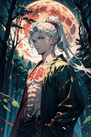 potrait a man standing on a forest, topless, tatoos in body, light red skin, green eyes, haunted forest background, 35 year age, lot trees on background, lot animal in background, ponytail hair, serious expression, midnight, fullmoon blood, lot lightning in sky, silver hair