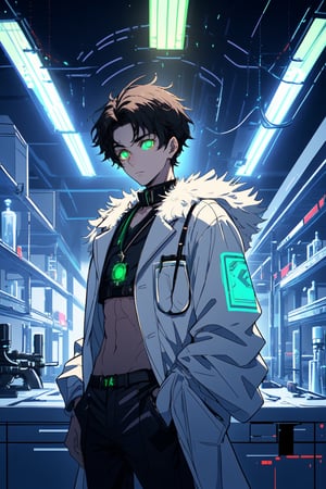 A portrait of a guys wearing a fur collar jacket, french crop hair , 17 years old of age , he standing in laboratory full of robots,  medium light, highly detailed, 8k, flat expression, glowing green eyes, wear a lab coat also, black hair,blend, torso shot, bokeh