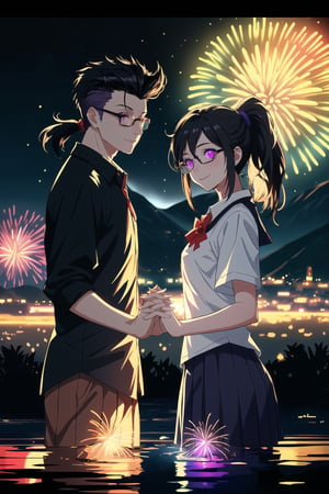 A potrait two male and female couples wearing school uniforms, the two stared at each other, they join hands, black hair colour, both of them wore glasses, male quiff haircut, female ponytail hair, 17 year age,  ground fork, low light, highly detailed 8k, smile expression, glowing purple eyes, midjourney, ranch backround, firework background, night, lot star on background, switzerland flag, bokeh, midjourney, there are some people on background, summer day, glow eyes,High detailed 