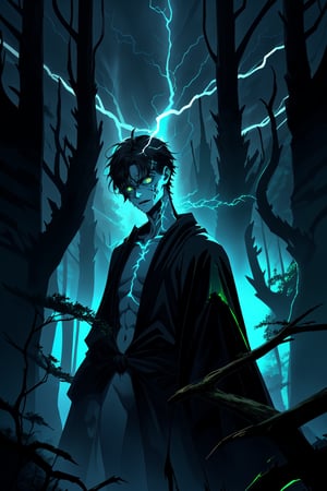 portrait of a pale-skinned undead, he standing in haunted forest, dead tree, medium light, highly detailed, 8k, flat expression, glowing green eyes, wear a black robe, baldr,blend, torso shot, bokeh, lots of lightning in the sky, lot crow