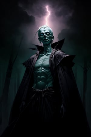 portrait of a pale-skinned undead, he standing in haunted forest, dead tree, medium light, highly detailed, 8k, flat expression, glowing green eyes, wear a black robe, baldr,blend, torso shot, bokeh, lots of lightning in the sky, lot crow