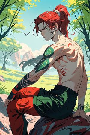 potrait a man riding sitting on a rock, topless, tatoos in body, light red skin, green eyes, pre historis background, 35 year age, sunny days, lot trees on background, lot animal in background, ponytail hair, serious expression