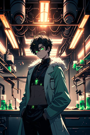 A portrait of a guys wearing a fur collar jacket, french crop hair , 17 years old of age , he standing in laboratory full of robots,  medium light, highly detailed, 8k, flat expression, glowing green eyes, wear a lab coat also, black hair,blend, torso shot, bokeh