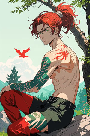 potrait a man riding sitting on a rock, topless, tatoos in body, light red skin, green eyes, pre historis background, 35 year age, sunny days, lot trees on background, lot animal in background, ponytail hair, serious expression