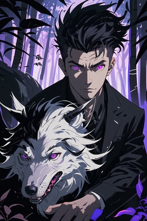 A portrait of handsome man wearing a black jacket, black hair colour, riding a wolf, quiff haircut, 25 year age, bright lighting, ground fork, low light, highly detailed 8k, flat expression, glowing purple eyes, midjourney, jungle backround, lot trees on background, High detailed 