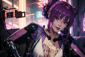 Alt, Cyberpunk, purple hair, white outfit, smile, cyberpunk, bedroom, 