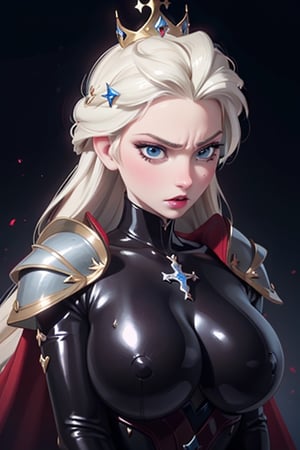 face, close up, eyes, close up latex suit. Elsa, , mistress, a dominant look, big boobs, crop in hand, hands, arms, cross, armour, sword, crown, mean expression,