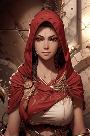 Kassandra, close up, red robes, hooded,, smirk,