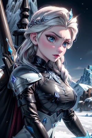 close up, Elsa, black latex armour, ice, snow, winter, sword, crown, evil, close-up, big boobs, ice queen, ice magic, mountains, ice queen,