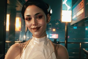 close-up, Cyberpunk,  white outfit, smile, cyberpunk, club, party, music