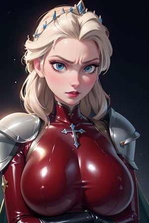 face, close up, eyes, close up latex suit. Elsa, , mistress, a dominant look, big boobs, crop in hand, hands, arms, cross, armour, sword, crown, mean expression,