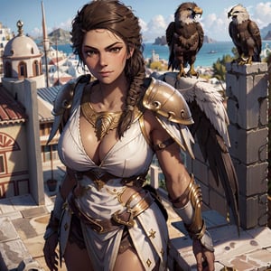 Close-up, Kassandra, face, smirk, Greece, sand, sexy, armour, eagle, standing on roof top, sexy, close up