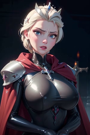 face, close up, eyes, close up latex suit. Elsa, , mistress, a dominant look, big boobs, crop in hand, hands, arms, cross, armour, sword, crown, mean expression,, cape, capes, sexy, boss, evil, dungeon