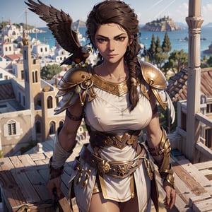 Close-up, Kassandra, face, smirk, Greece, sand, sexy, armour, eagle, standing on rooftop, sexy, close up