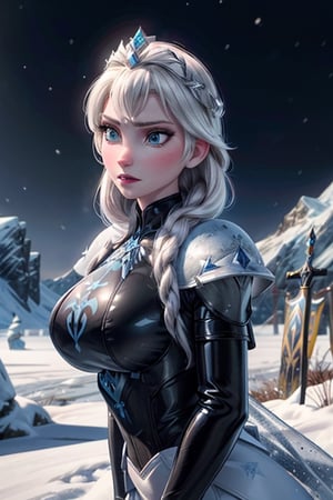 close up, Elsa, black latex armour, ice, snow, winter, sword, crown, evil, close-up, big boobs, ice queen, ice magic, mountains, ice queen,