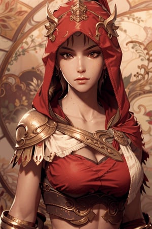 Kassandra, close up, red robes, hooded,