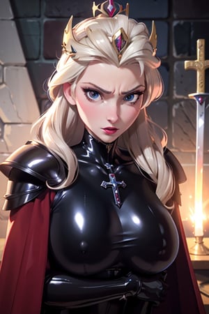 face, close up, eyes, close up latex suit. Elsa, , mistress, a dominant look, big boobs, crop in hand, hands, arms, cross, armour, sword, crown, mean expression,, cape, capes, sexy, boss, evil, dungeon