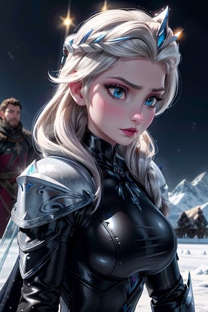 close up, Elsa, black latex armour, ice, snow, winter, sword, crown, evil, close-up, big boobs, ice queen, ice magic, mountains, ice queen,