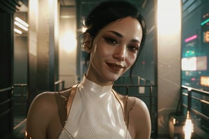 close-up, Cyberpunk,  white outfit, smile, cyberpunk, club, party, music
