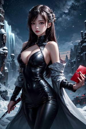 {{{best quality}}},(illustration)),{{{extremely detailed CG unity 8k ,Brilliant light,cinematic lighting,long_focus, Women, cute face (medium_breasts)High detailed, 
medium length hair, At night, 1 girl, standing in a crystal cave, a girl holding a red envelope in her hands, girl in a black tight-fitting suit with many straps with daggers,
assassin, straight hair with silver strand, midnight ,inblackholetech,midjourney,glitter,outfit-km,girl,shiny,pasan