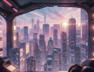 City, metropolis, with skyscrapers, against the backdrop of a pink sunset, pink and peach sky, the glare of the sun on the buildings, sun rays between buildings, without people, Futuristic future, adstech