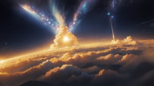 soaring golden clouds, holographic sky, space, star dust, the birth of a new stars, no people