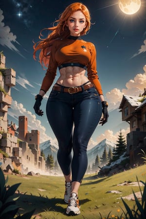 1girl, solo, long hair, breasts, looking at viewer, blue eyes, shirt, gloves, long sleeves, navel, medium breasts, standing, full body, outdoors, sky, shoes, black gloves, midriff, belt, pants, fingerless gloves, orange hair, lips, crop top, black shirt, night, thick thighs, abs, grass, denim, sneakers, clenched hand, star \(sky\), clenched hands, toned