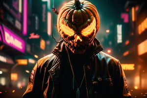 1 man with pumpkin head, solo, leather jacket, modern city, cyberpunk, night, halloween party, neon lights, depth of field, realism, photography, high quality