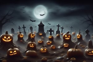 a pumpkin cemetery with pumpkin shaped ghosts floating over dead pumpkins, nauseating pumpkins, pumpkin ghosts, halloween, halloween night, realism, high definition, good contrast