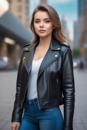 A beautiful woman in leather jacket, lovely, cute, pretty, city, portrait, 4K, full HD, realistic, realism, photo, photography, high details, high realistic details