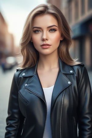 A beautiful woman in leather jacket, lovely, cute, pretty, city, portrait, 4K, full HD, realistic, realism, photo, photography, high details, high realistic details