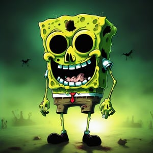 Spongebob Zombie, solo, halloween night, bikini bottoms, skull, light green, high_resolution, high quality, good contrast,tprc