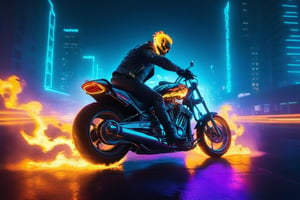 GhostRider, solo, leather jacket, motorcycle, flames, flamig skull, modern city, cyberpunk, night, neon lights, realism, photo, high quality, motorbike, Sci-fi ,neon photography style