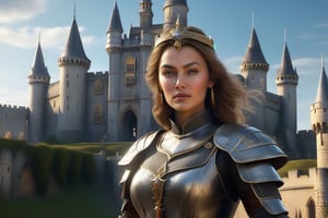 A woman with templar-like clothing holding a sword in front of a castle, ultra realistic face details