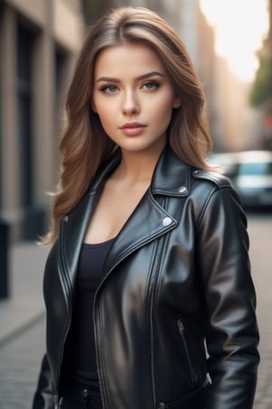 A beautiful woman in leather jacket, lovely, cute, pretty, city, portrait, 4K, full HD, realistic, realism, photo, photography, high details, high realistic details