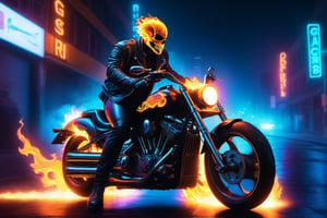 GhostRider, solo, leather jacket, motorcycle, flames, flamig skull, modern city, cyberpunk, night, neon lights, realism, photo, high quality, motorbike, Sci-fi 