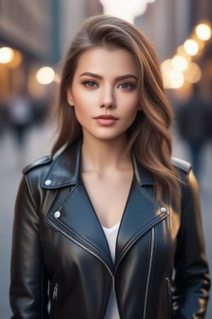 A beautiful woman in leather jacket, lovely, cute, pretty, city, portrait, 4K, full HD, realistic, realism, photo, photography, high details, high realistic details