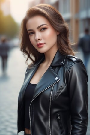 A beautiful woman in leather jacket, lovely, cute, pretty, city, portrait, 4K, full HD, realistic, realism, photo, photography, high details, high realistic details