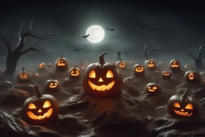 a pumpkin cemetery with pumpkin shaped ghosts floating over dead pumpkins, nauseating pumpkins, pumpkin ghosts, halloween, halloween night, realism, high definition, good contrast