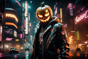 1 man with pumpkin head, solo, leather jacket, modern city, cyberpunk, night, halloween party, neon lights, modern cars in the background, realism, photography, high quality