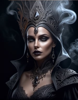 mesmerizing portrait, a woman elegantly melts into grey smoke while adorned in intricate extravagant and dark clothes, the blend of her graceful figure and the ethereal smoke creates a surreal and captivating image, hyper-detailed fantasy character, dark colors, horror fantasy art, fantasy horror art, photorealistic dark concept art, in style of dark fantasy art, lich vecna (d&d), dark fantasy art, detailed 4k horror artwork, stefan koidl inspired, ((stefan koidl)),Movie Still