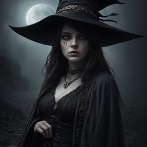 Epicrealism, a beautiful witch with a pointy hat, half turn, gothic fashion, symbol details, extremely detailed image, occultism symbology, abstract atmosphere, surrealistic to the maximum, 4k definition, illustration, very detailed, desolation, depressive climate, gloomy, very little light, underworld with ancient details, pic cinematic brilliant, stunning intricate, meticulously detailed, dramatic atmospheric, maximalist digital matte painting, darkness, gloomy atmosphere, Hansruedi Giger llllolo art, Hansruedi Giger llllolo art, horror atmosphere, art gore, unpleasant,1 girl,Realistic